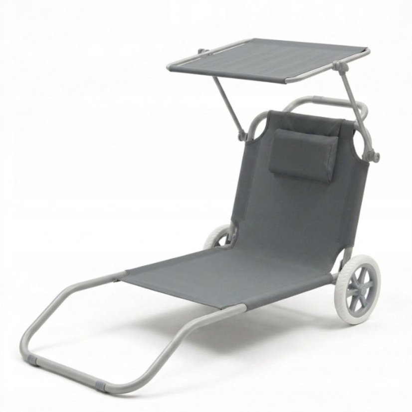 Plážové ležadlo 2v1 s kolieskami a strieškou – skladacie lehátko s vozíkom a vankúšom