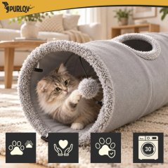 Tunel pentru pisici, de culoare gri, cu o minge – 120 x 25 cm