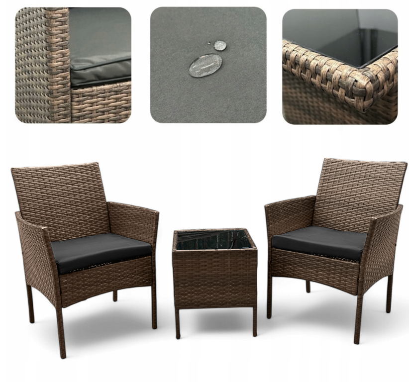 Set rattan cu masă și 2 fotolii - maro + perne antracit