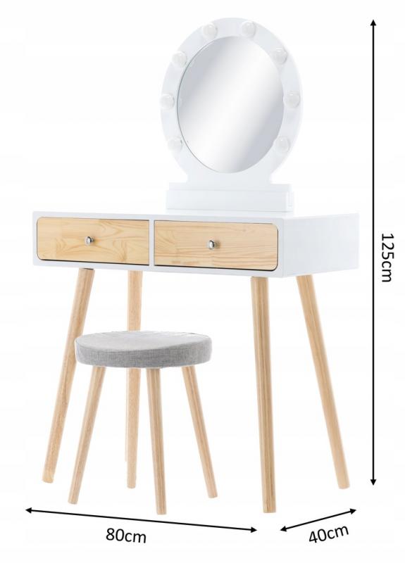 Biely drevený toaletný stolík s LED zrkadlom a taburetkou