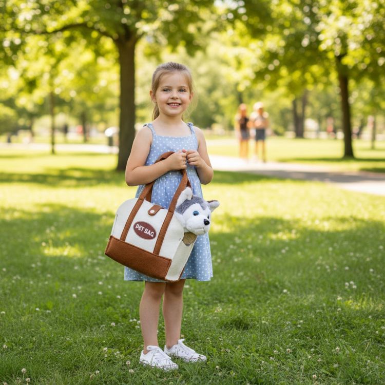 Plyšový psík v kabelke – roztomilá hračka pre deti