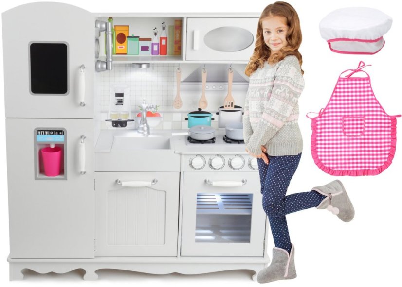 Drevená detská kuchynka s LED osvetlením, doplnkami a zvukovými efektmi