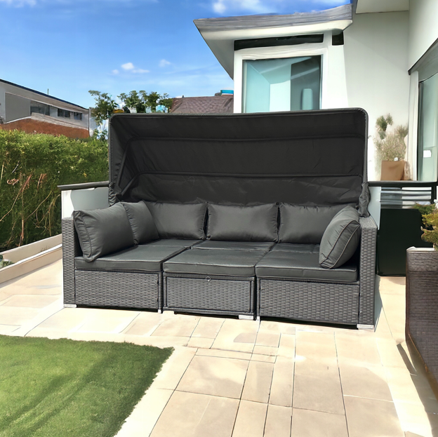 Sivý ratanový nábytok so slnečnou clonou - modulárny