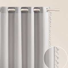 Tenda Lara grigio chiaro su cerchi argentati con nappe 140 x 280 cm