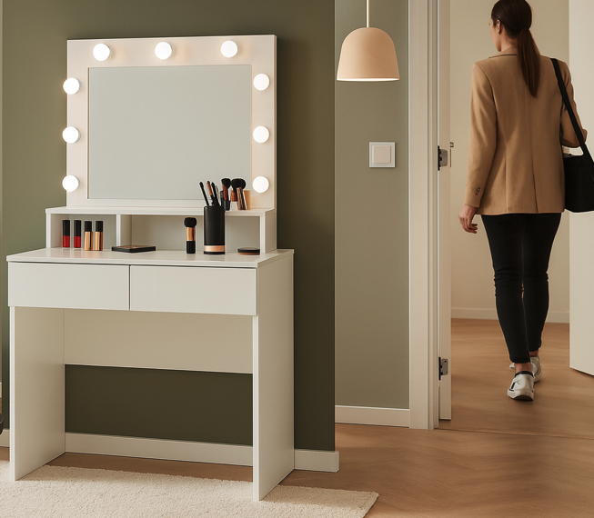 Tavolino da toilette bianco con specchio a LED, cassetti e scomparti
