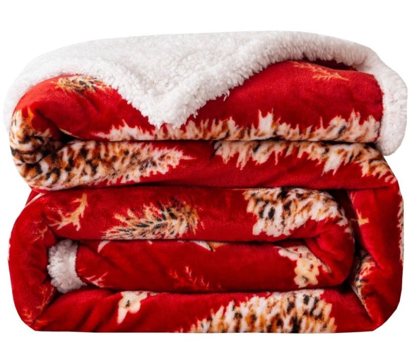 Coperta rossa natalizia con motivo di agnello e albero - calda coperta double-face