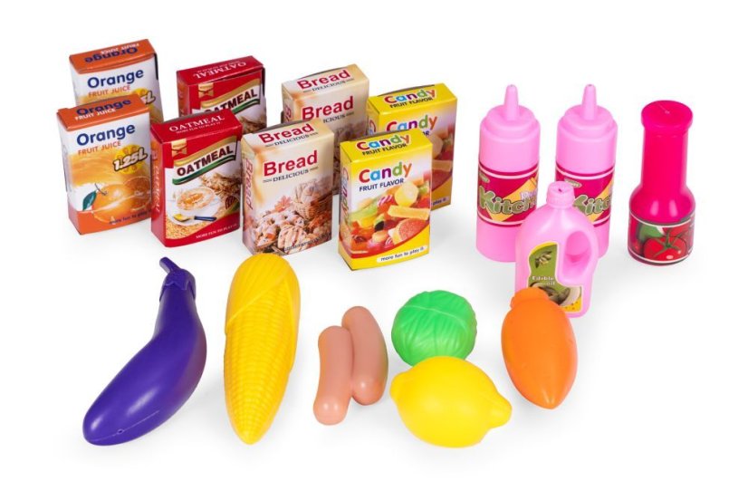 Gyermek bevásárlókocsi 18 kiegészítővel a kreatív játékhoz