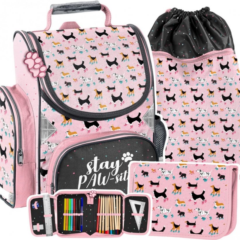 Růžová školní taška se pejsky v třídílné sadě