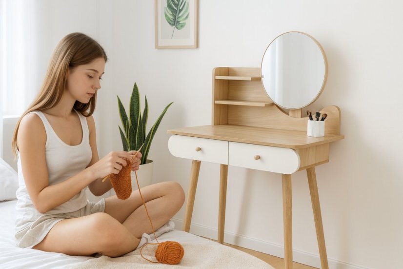 Masă de toaletă cosmetică cu oglindă și sertare din lemn