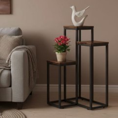 Stojan na květiny Loft - 3 police, černá ocel a dekor dřeva