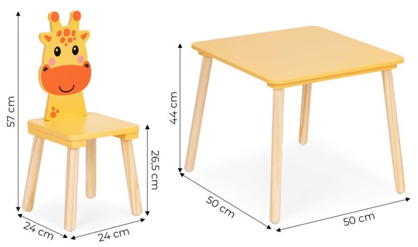 Gyermekbútor - asztal és 2 szék zsiráf alakú karfával