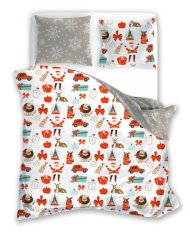 Vianočná posteľná bielizeň z mikrovlákna a saténu, biela, so snehuliakmi a darčekmi
