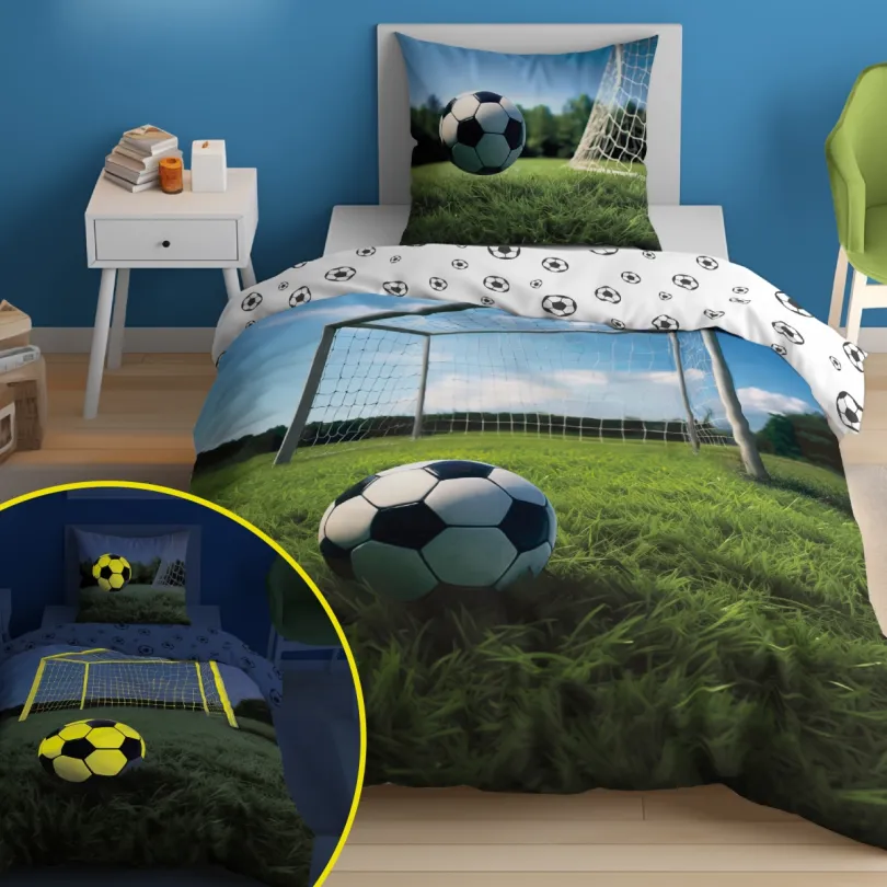 Bavlnené posteľné obliečky svietiace v tme - motív futbalovej lopty