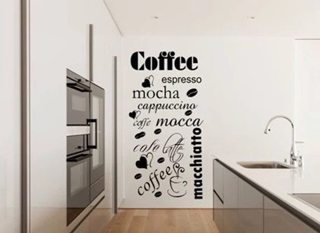 Стикер за стена в кухнята с имената на различните видове кафе - Pазмер: 80 x 160 cm