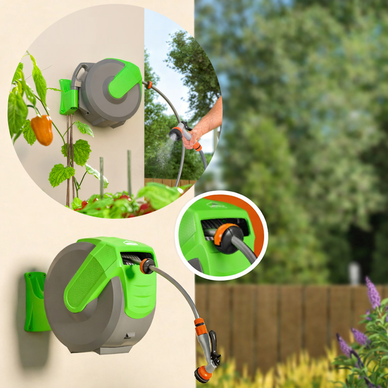 Avvolgitubo automatico GARDEBRUK® con ugello e supporto girevole - 20 m + 2 m