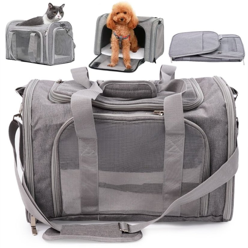 Összecsukható textilszállító doboz állatoknak - szürke, 45 x 37 x 22 cm