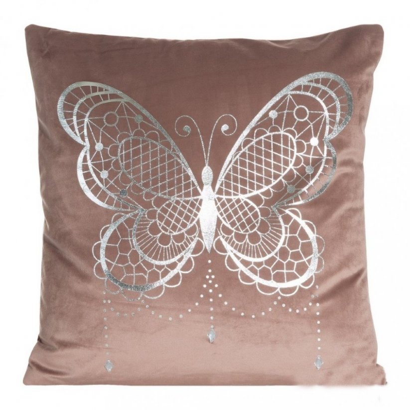 Elegantní povlak na polštář v tmavě růžové barvě s velkým motýlem
