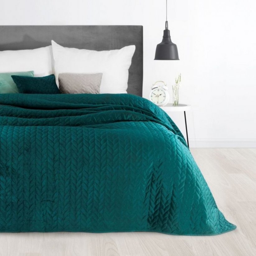 Türkiz egyszínű ágytakaró, díszvarrással