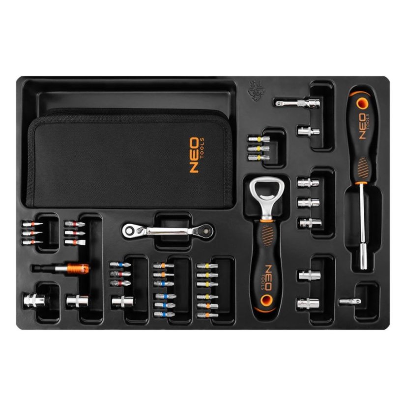 Adventný kalendár s náradím NEO TOOLS – 38-dielna sada bitov, hlavíc a mini račne