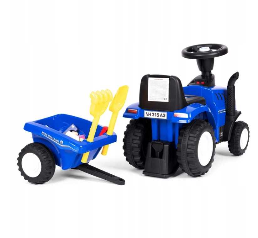 Modrý traktor NEW HOLLAND s vlečkou a náradim