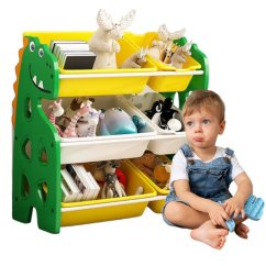 Barevná police na hračky se zásuvkami - dinosaurus