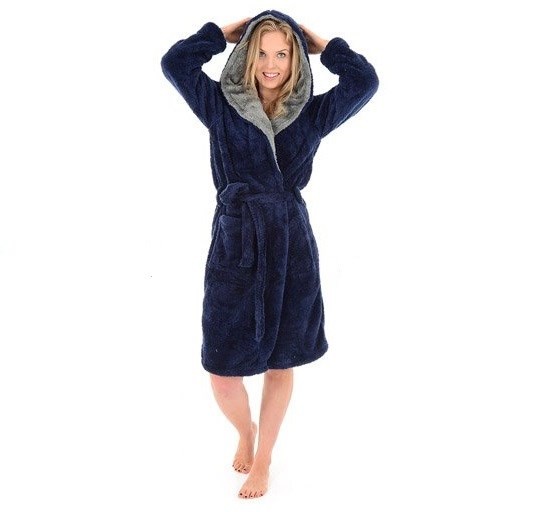 Tmavo modrý dámsky župan s kapucňou