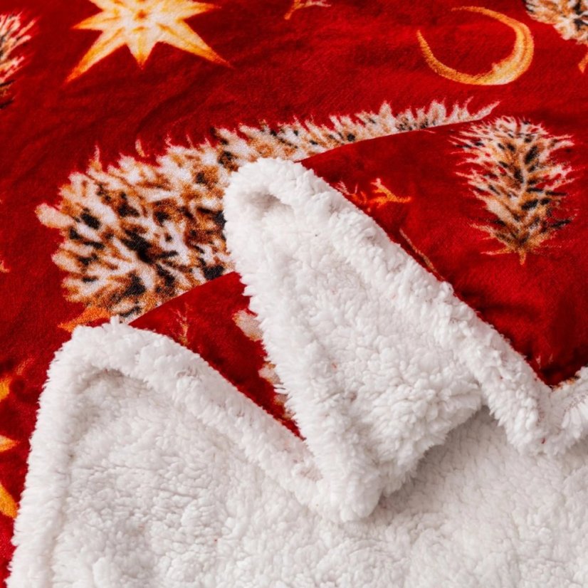Coperta rossa natalizia con motivo di agnello e albero - calda coperta double-face