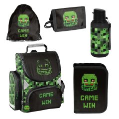 Školský 5-dielny Minecraft set Pixel Mask - aktovka, peračník, vrecúško, fľaša a peňaženka