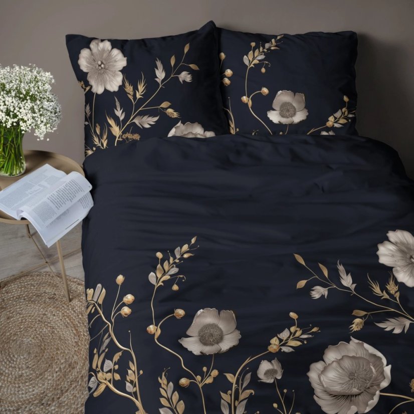 Чаршафи от микрофибър - черни с бежово-златиста флорална шарка