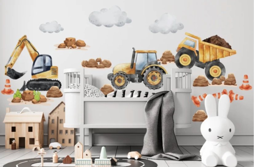 Sada samolepek na zeď pro chlapce - vozidla a stavební stroje