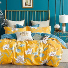 Lenjerie de pat din bumbac galben, cu motiv floral