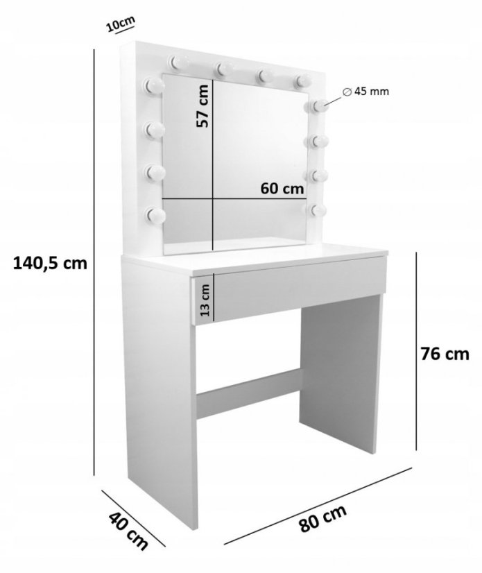 Toaletný stolík so svetielkami bez taburetky
