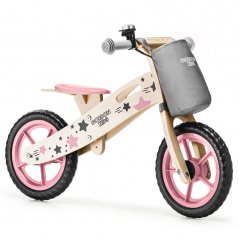 Розов велосипед за баланс със сив джоб за съхранение