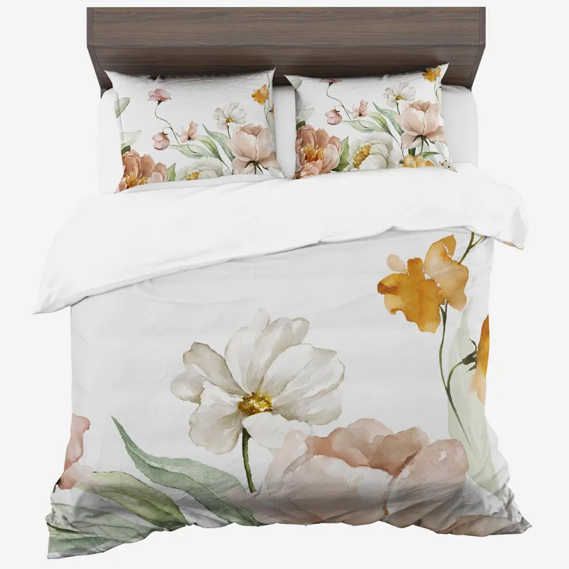 Posteľné obliečky zo syntetickej bavlny s motívom jarných kvetov - biele