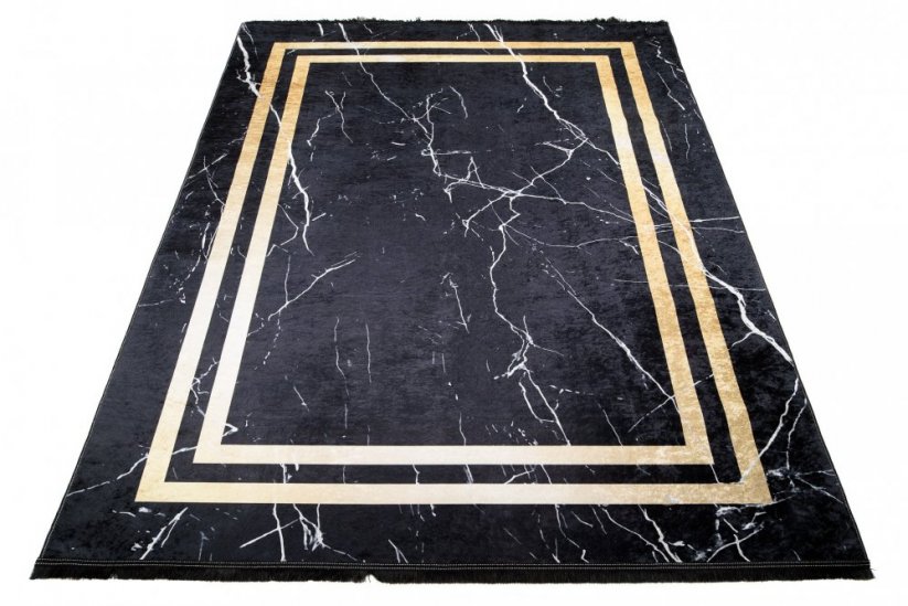Тъмно дизайнерско килимче с мраморна шарка със златни детайли