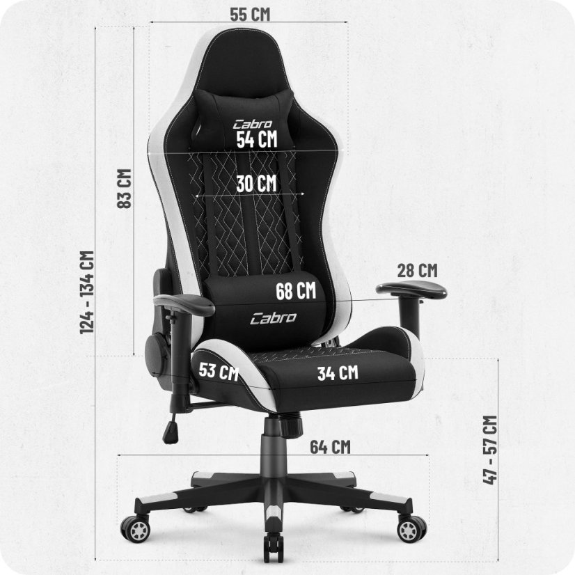 CABRO C508 gejmerska stolica s naslonom podesivim za 180° i 2D naslonima za ruke, do 150 kg, crno-bijela