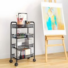 Regál so 4 košíkmi v čiernej farbe na kolieskach