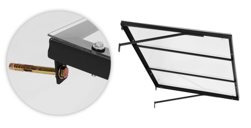 Bejárati polikarbonát előtető az ajtó felett acélszerkezettel