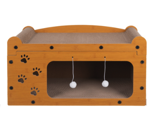 Macska kaparófa házzal, elegáns fa dekorációban