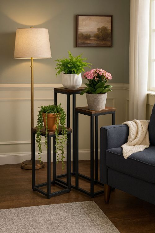 Stojan na květiny Loft - 3 police, černá ocel a dekor dřeva