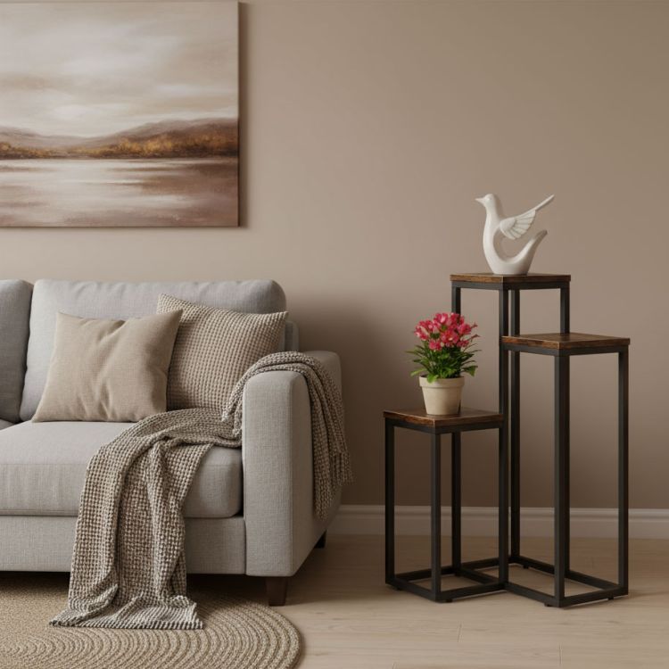 Stojan na květiny Loft - 3 police, černá ocel a dekor dřeva