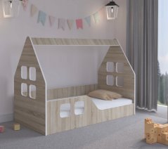 Otroška postelja Montessori hiša 140 x 70 cm v dekorju hrast sonoma levo