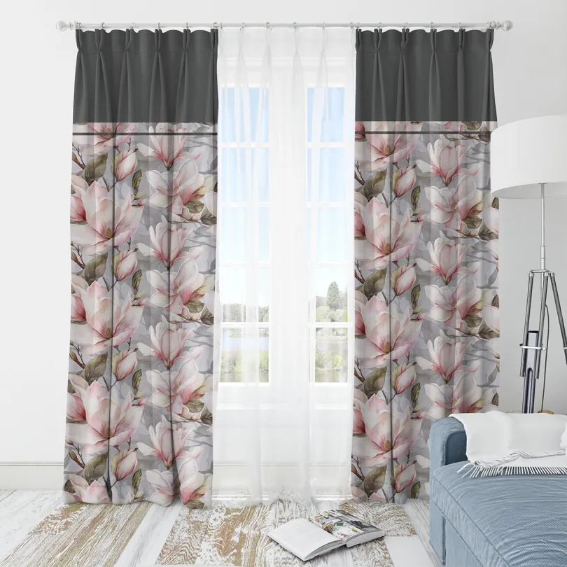 Dekoratív függöny szürke, finom bazsarózsa mintával