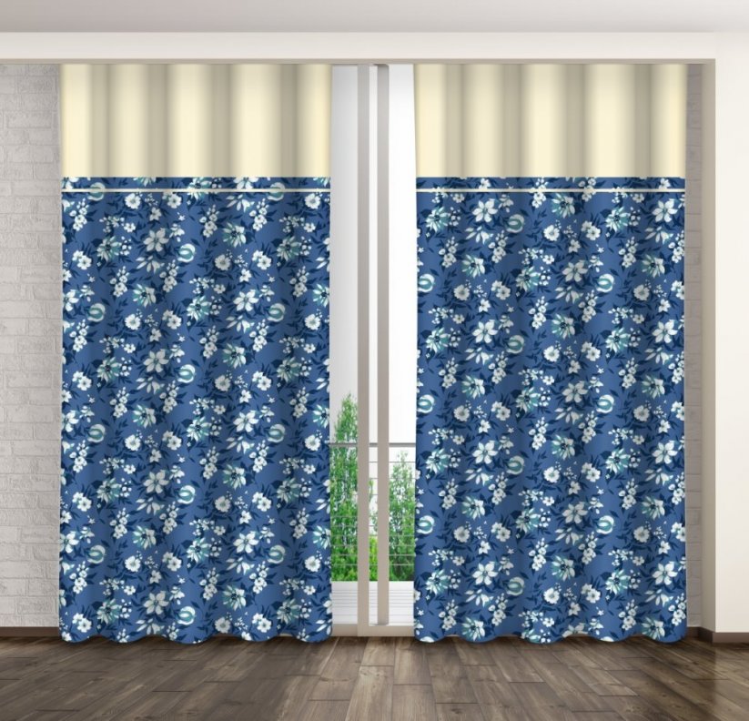 Kék függöny fehér és kék virágokkal és krémszínű szegéllyel - Méret: Szélesség: 160 cm | Hossz: 270 cm