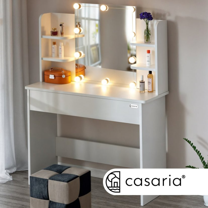 Toeletta Lucia con illuminazione LED, specchio, cassetto e ripiani 140 x 110 x 40 cm