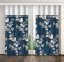 Blauer Vorhang mit beigem Blumen- und Blätterdruck und weißer Bordüre - Größe: Breite: 160 cm | Länge: 250 cm