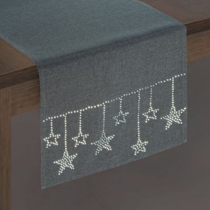 Vánoční běhoun na stůl v šedé barvě s ozdobnými kamínky