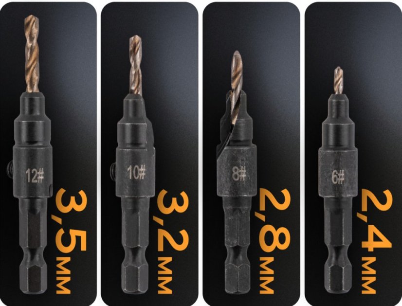 Комплект от 4 свредла за дърво за предварително пробиване и потапяне на винтове