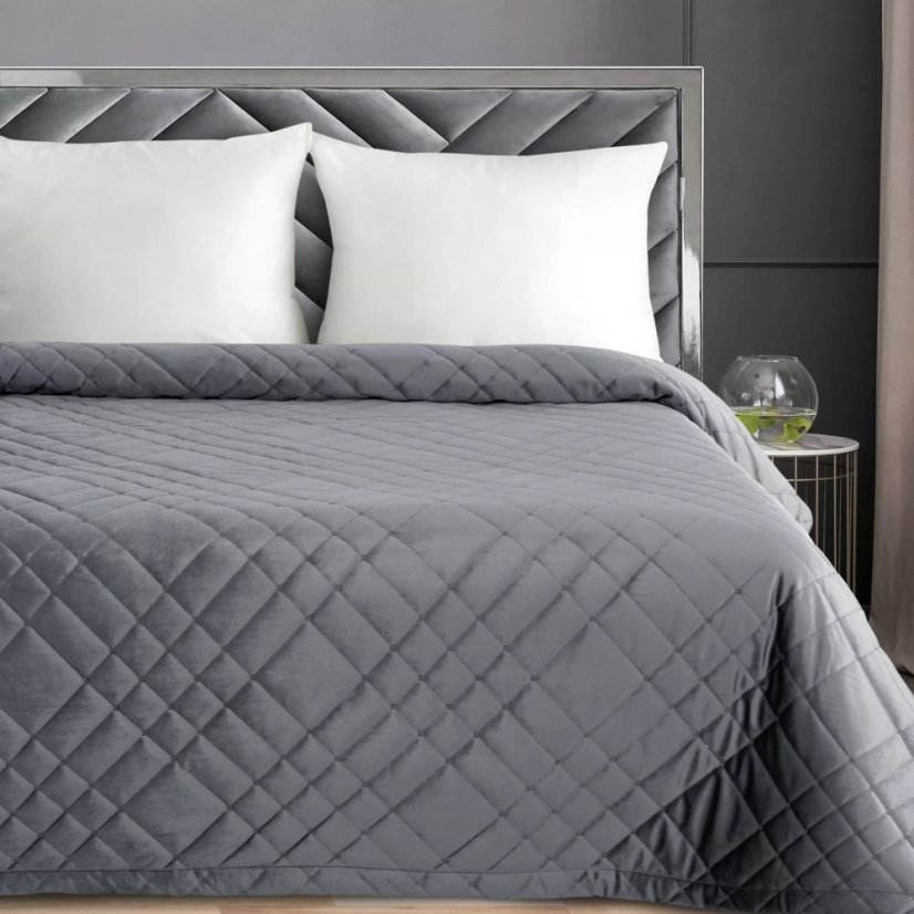 Elegáns bársony ágytakaró geometrikus varrással - szürke