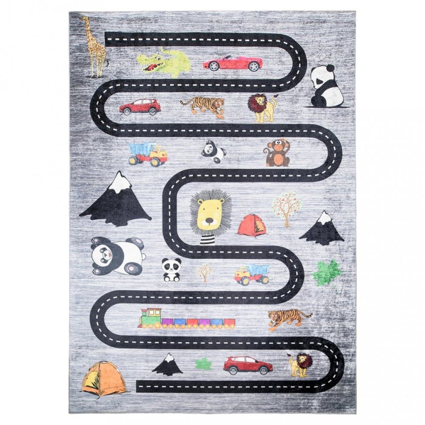 Kinderteppich mit Straßen-, Auto- und Tiermotiv